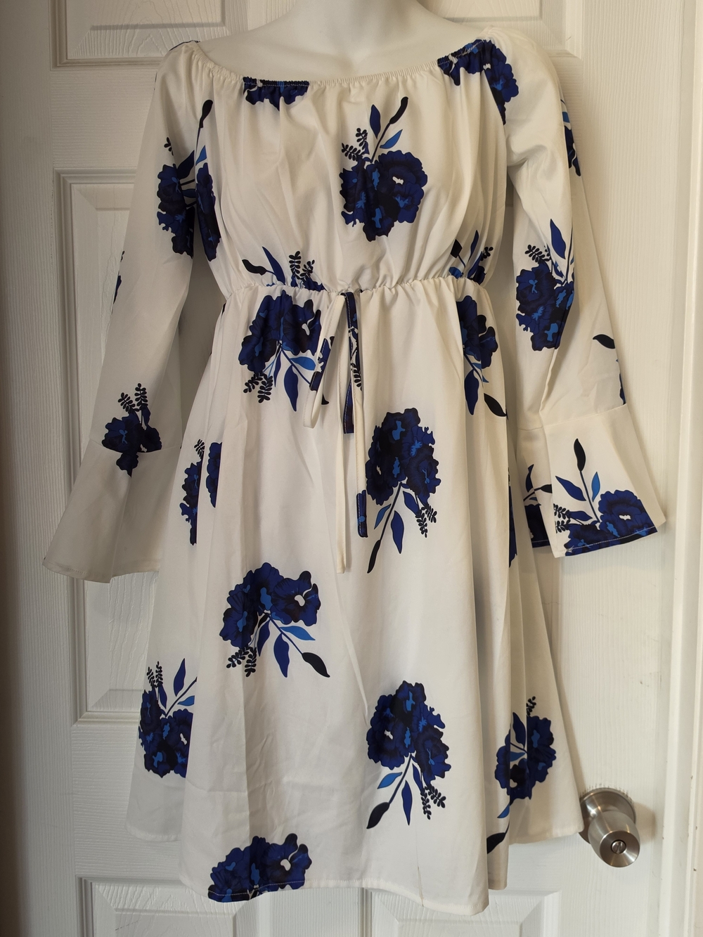Junior's White Off-Shoulder Floral Dress with Blue Print Size Large